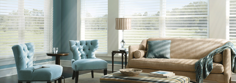 white silhouette shades on floor to ceiling windows in Rocky River OH living room