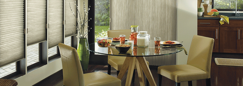honeycomb shades on kitchen windows with vertical honeycomb shades on slider in Chagrin Falls OH
