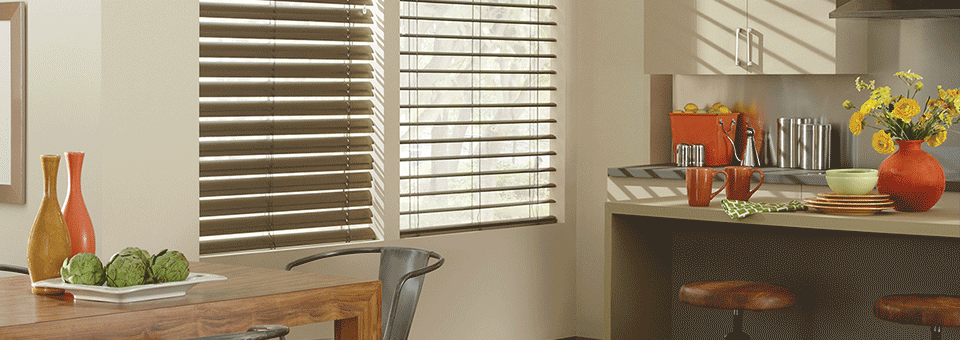 bronze metal blinds in modern kitchen in Cleveland OH