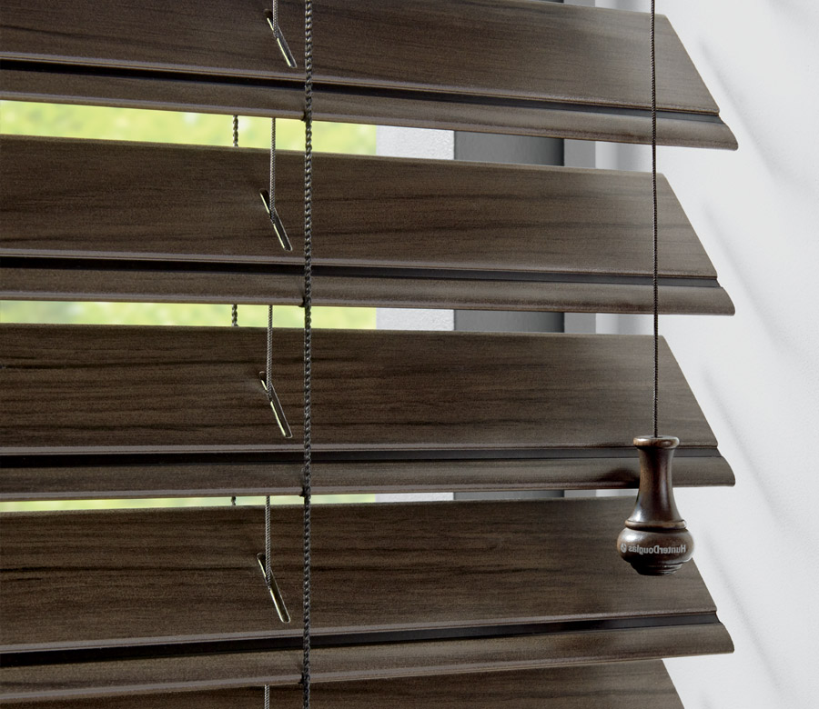 dark stain look for faux wood blinds in Rocky River OH home
