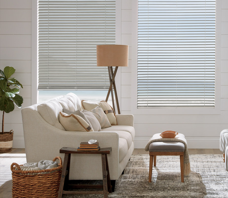 farmhouse style living room with neutral faux wood blinds in Chagrin Falls OH