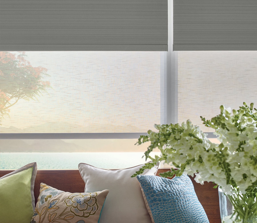 designer dual shades in living room of Cleveland area home