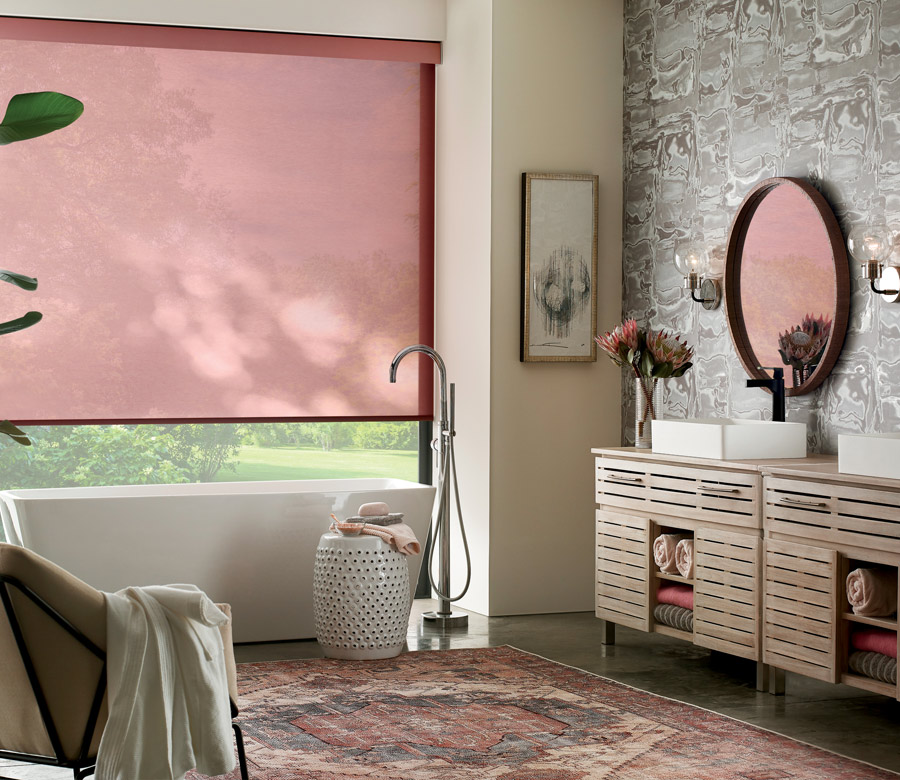 contemporary red roller shade in Cleveland OH bedroom