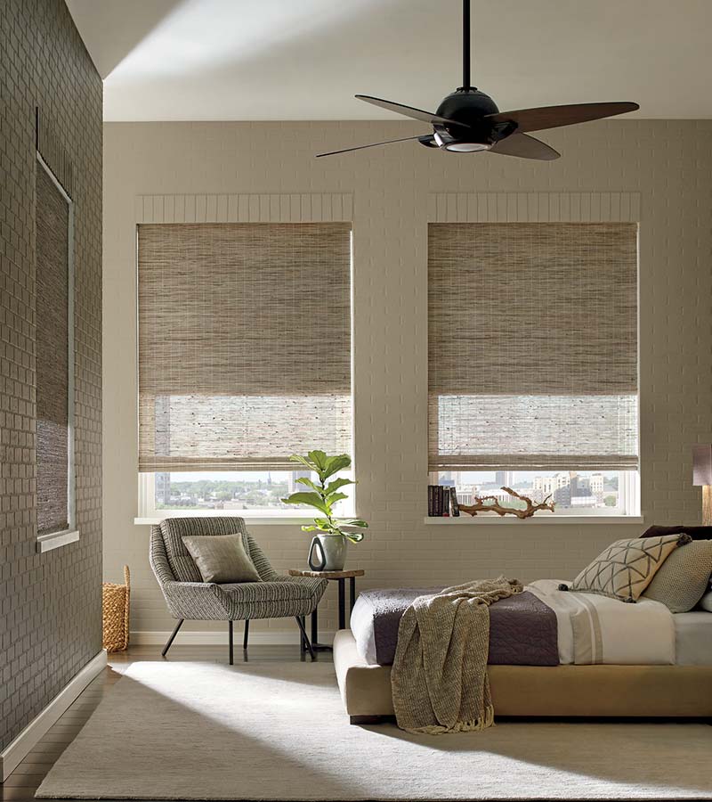 beige guest room with woven wood shades in Northeast OH