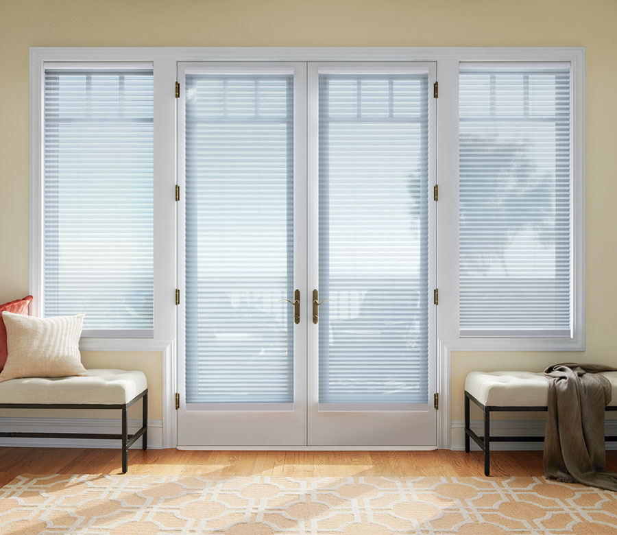 entry windows and french doors with white honeycomb shades in Cleveland OH