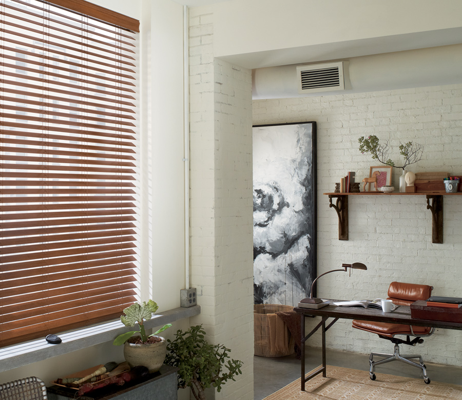 rustic home office with brown faux wood blinds hunter douglas Chagrin Falls