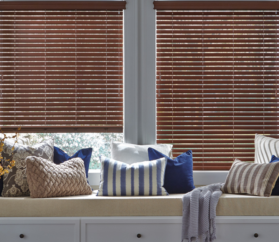 window seat with brown hunter douglas everwood blinds Chagrin Falls