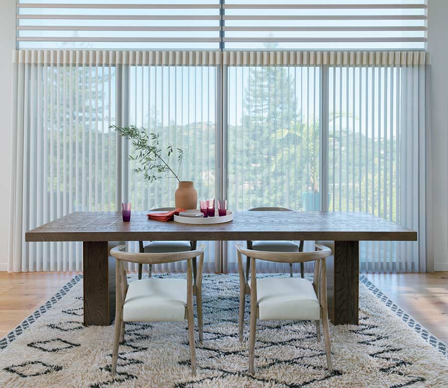 modern dining room in Chagrin Falls 44022 with vertical privacy sheers large dining room table
