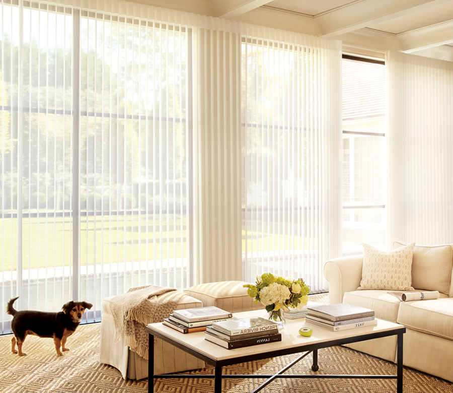 white living room with black dog and white hunter douglas vertical sheer shades Cleveland Oh,