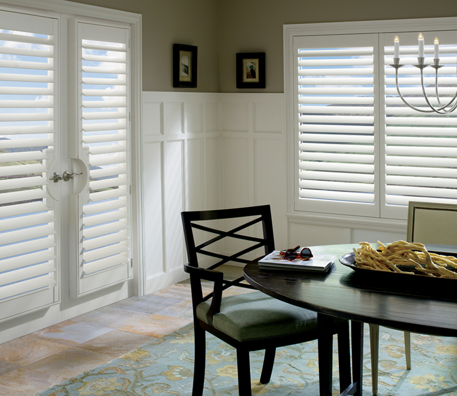 dining room with white plantation shutters hunter douglas Cleveland