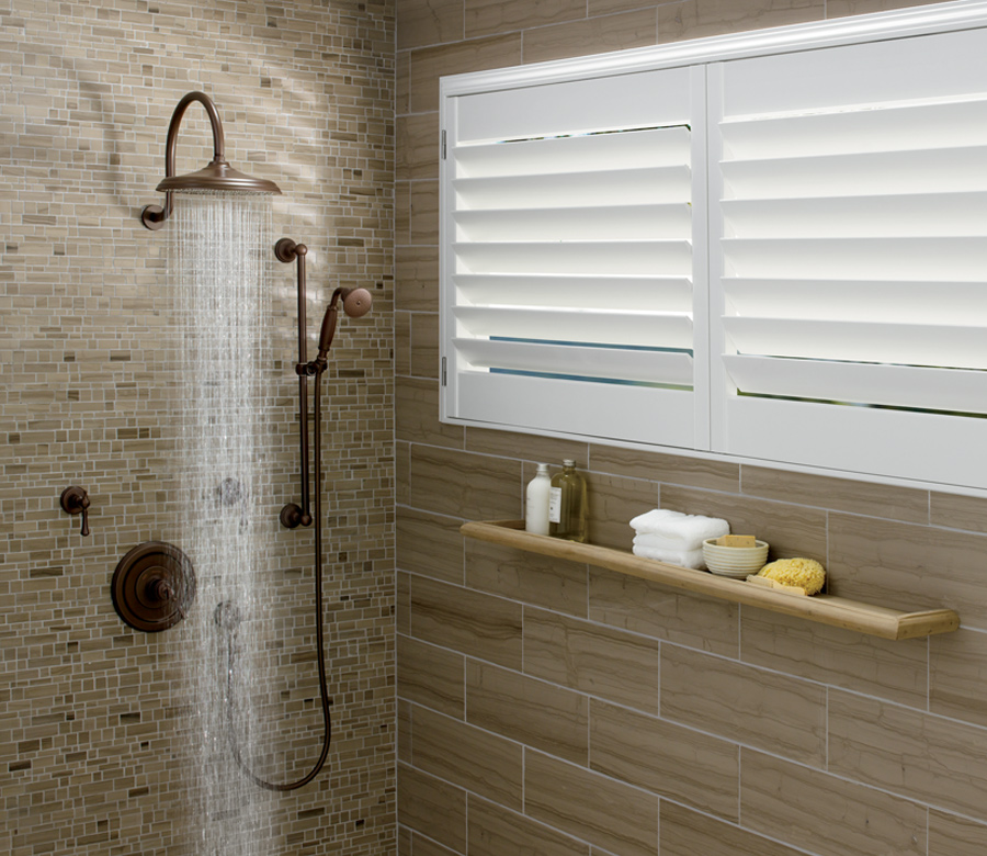 rustic shower with hunter douglas polysatin shutters Cleveland Oh