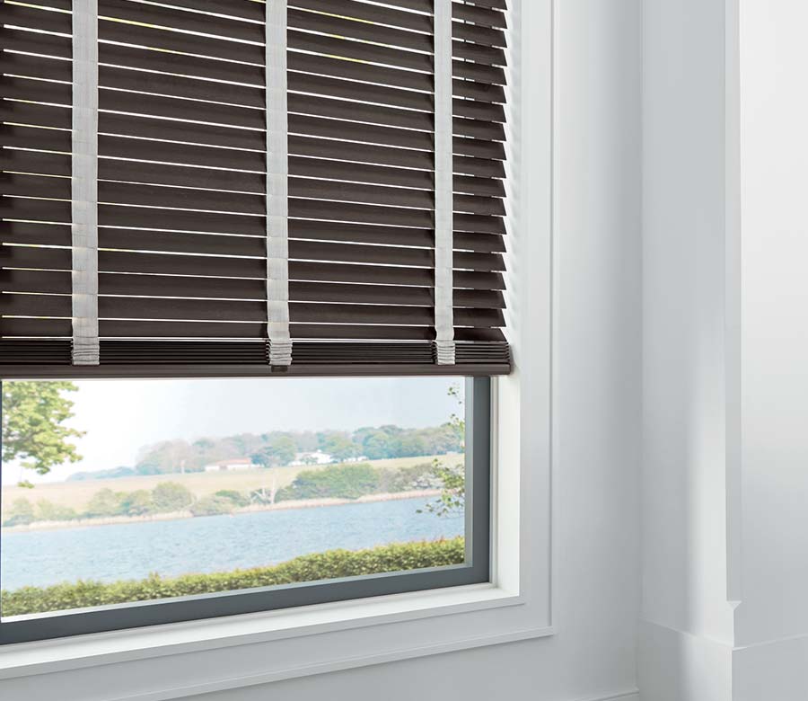 brown wood blinds overlooking Ohio river