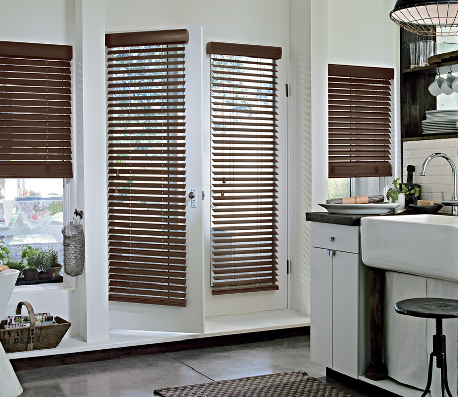 contemporary kitchen with hunter douglas brown wooden blinds on french doors Cleveland, Oh