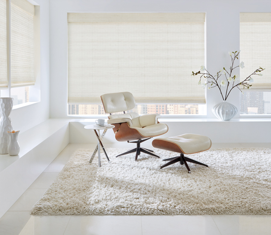 white living room with white woven shades in Chagrin Falls