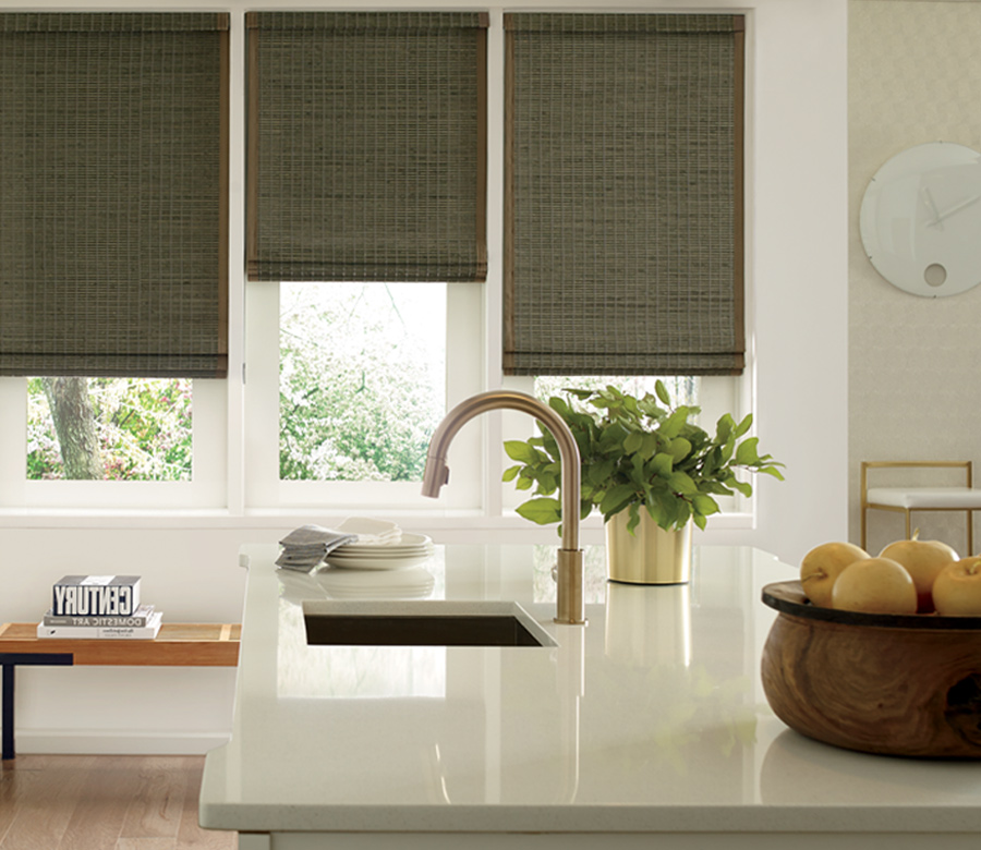 kitchen with green woven wood shades in Cleveland