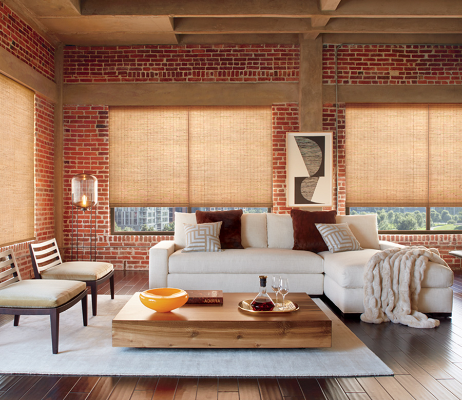 studio with exposed brick and hunter douglas provenance woven shades Rocky River