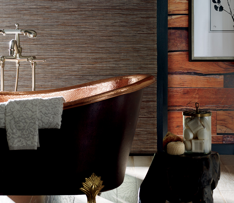 brown bathroom with copper stand alone tub and hunter douglas woven shade Chagrin Falls OH