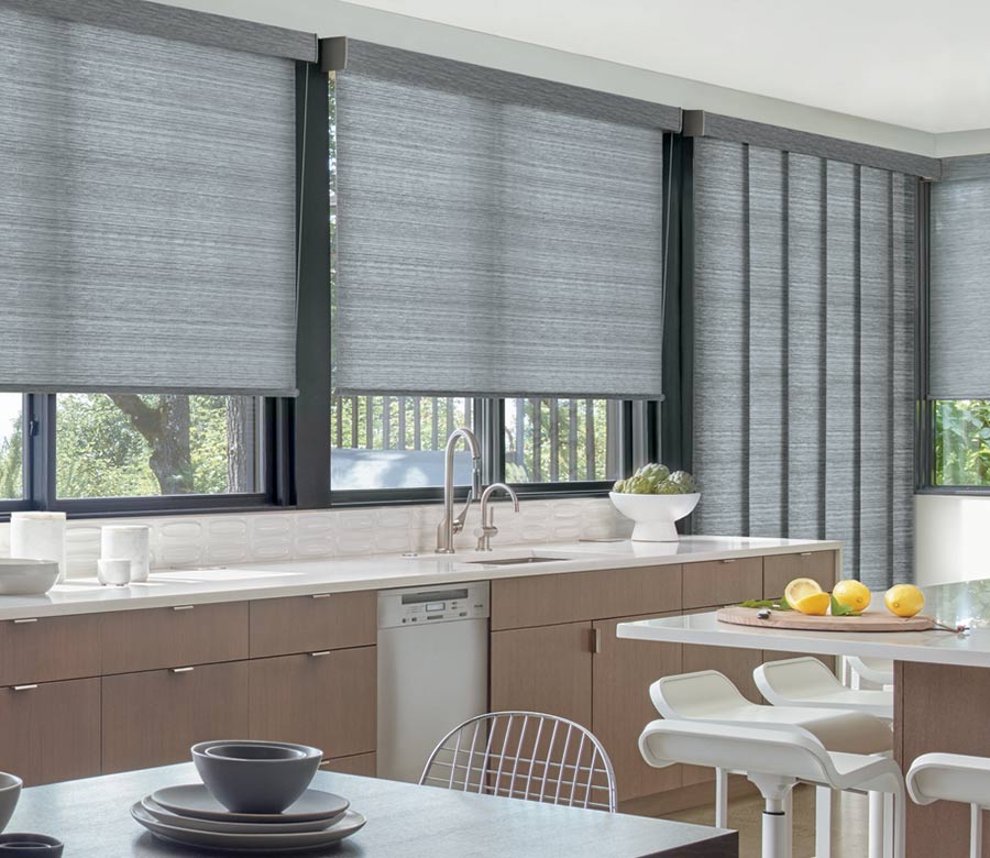 dark gray roller shades in Rocky River OH kitchen with gray vertical shades on sliders