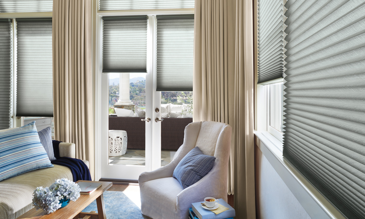 Hunter Douglas french door window treatments duette honeycomb shades Cleveland 44125