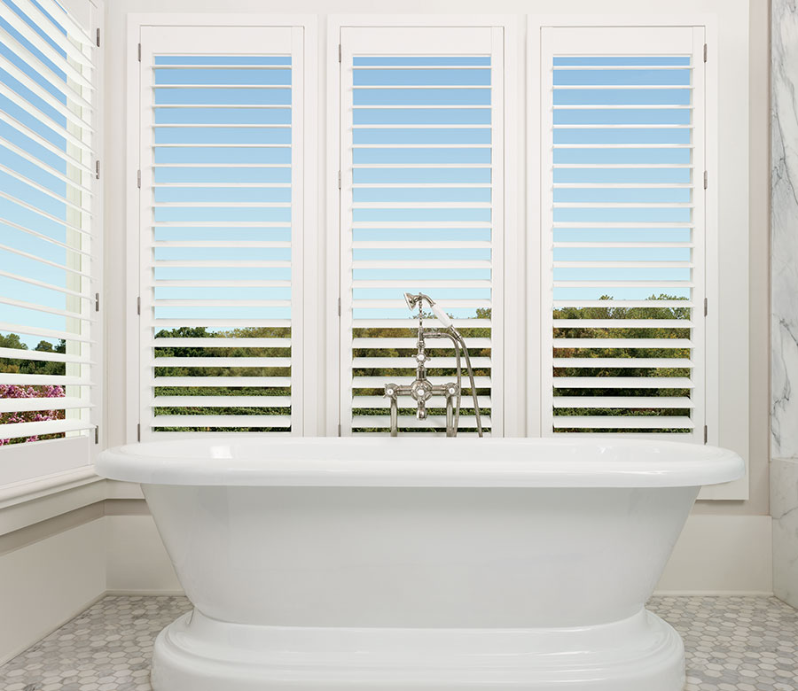 open view of shutters in cleveland area bathroom