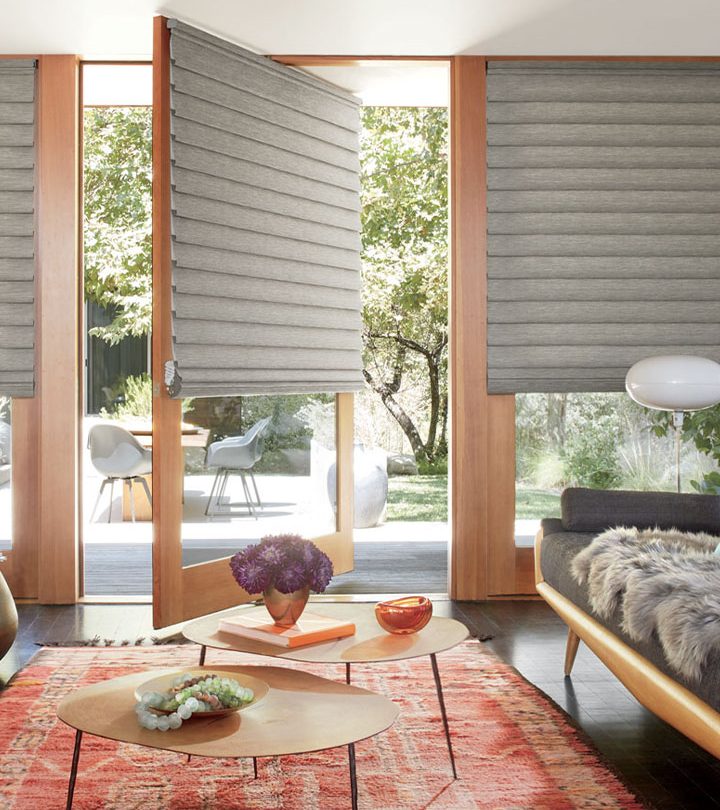 neutral roman shades on rotating door in Chagrin Falls OH