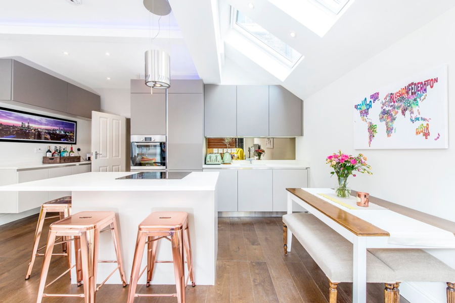 copper stools in contemporary kitchen