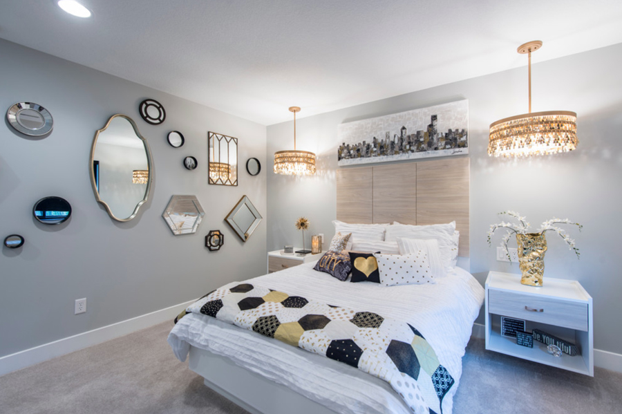 gold hanging chandeliers in bedroom