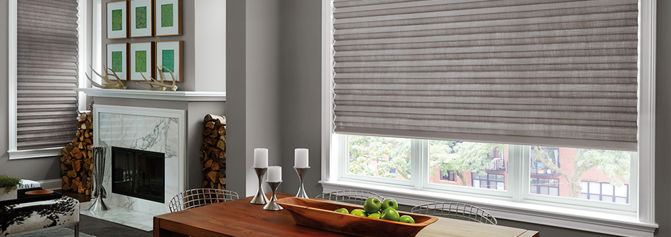 dining room with gray roman shades in Cleveland OH