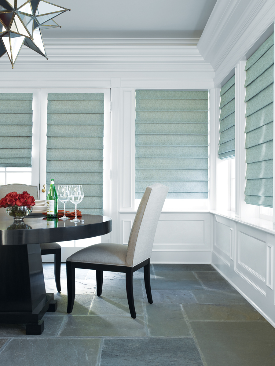 beautifully decorated dining room roman shades Hunter Douglas Rocky River 44116