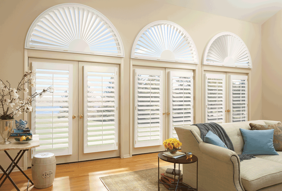 plantation shutters as arched window treatments for french doors Hunter Douglas Cleveland 44125