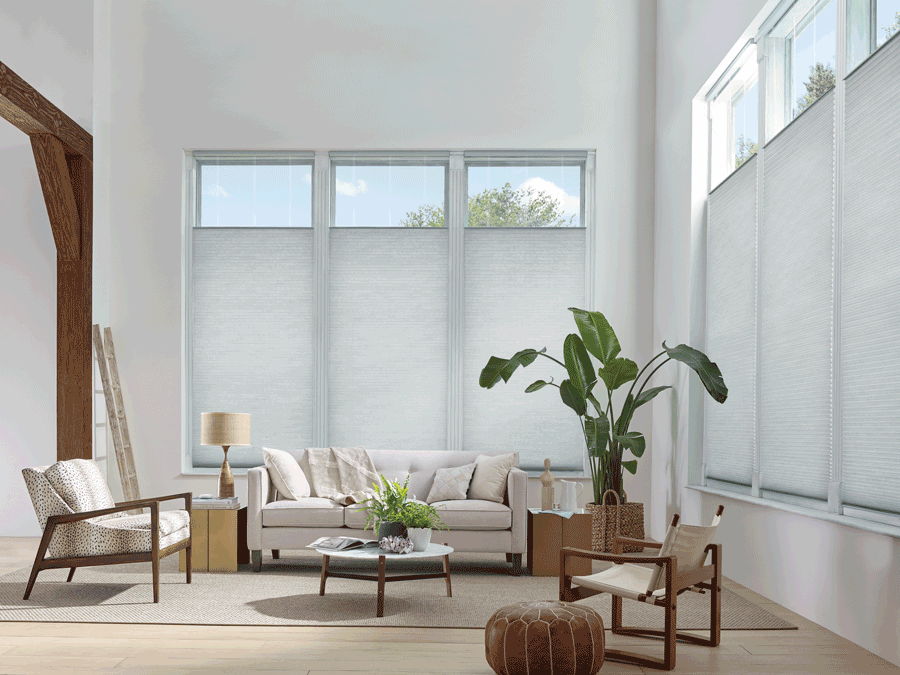 window problems solved with Modern living room with top down bottom up shades in Cleveland.