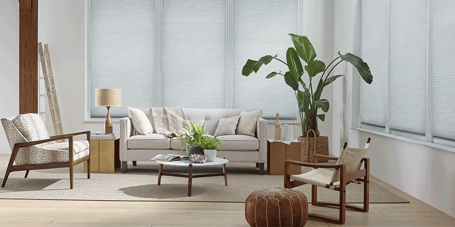 Contemporary living room with shades showing favorite features.