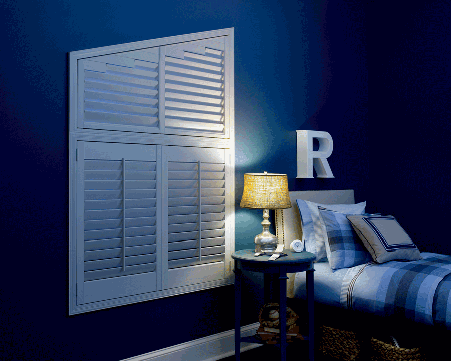 boy's blue bedroom with room darkening shutters Hunter Douglas Chagrin Falls 44022