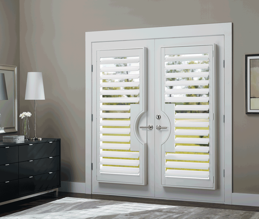 privacy of your home with white french door plantation shutters Hunter Douglas Medina