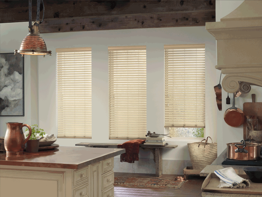Neutral farmhouse window treatments in Cleveland, Ohio.