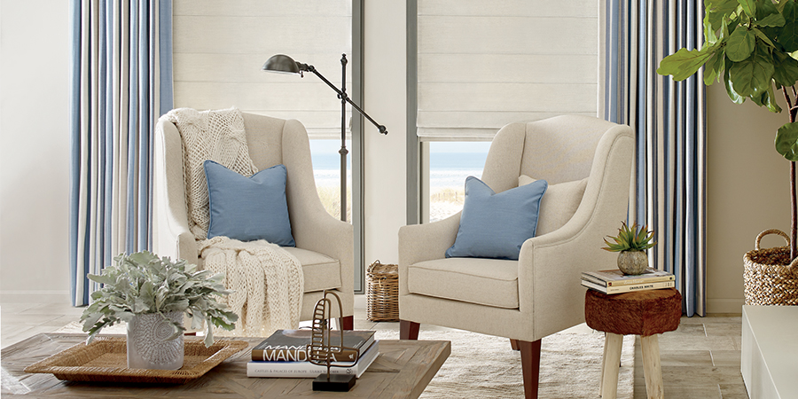 Cleveland, OH living room with Hunter Douglas Design Studio Window Treatments.