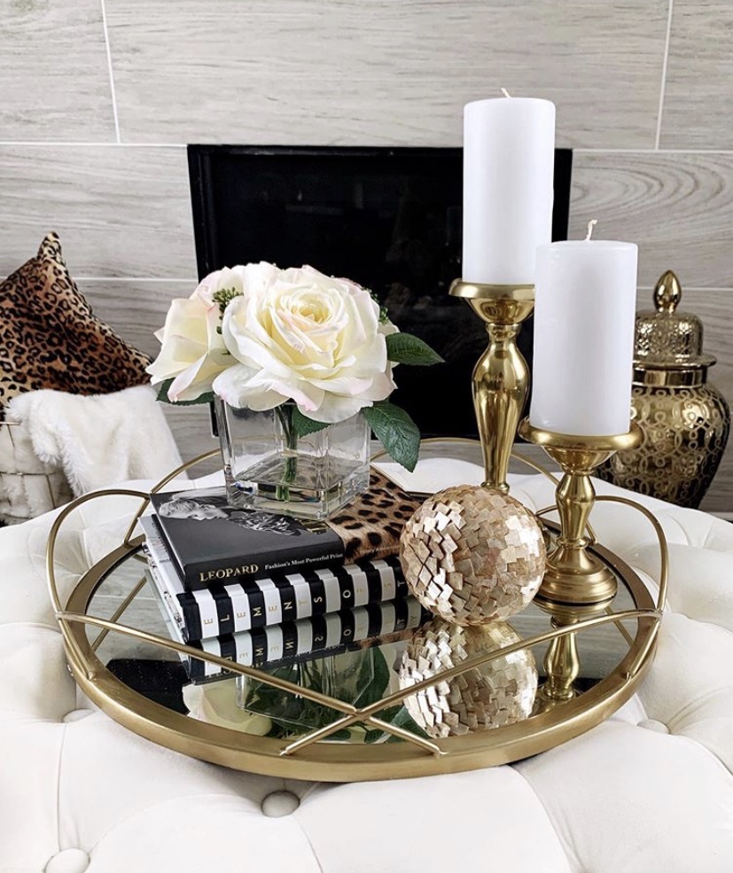 decorating with gold decor mirror tray vignette