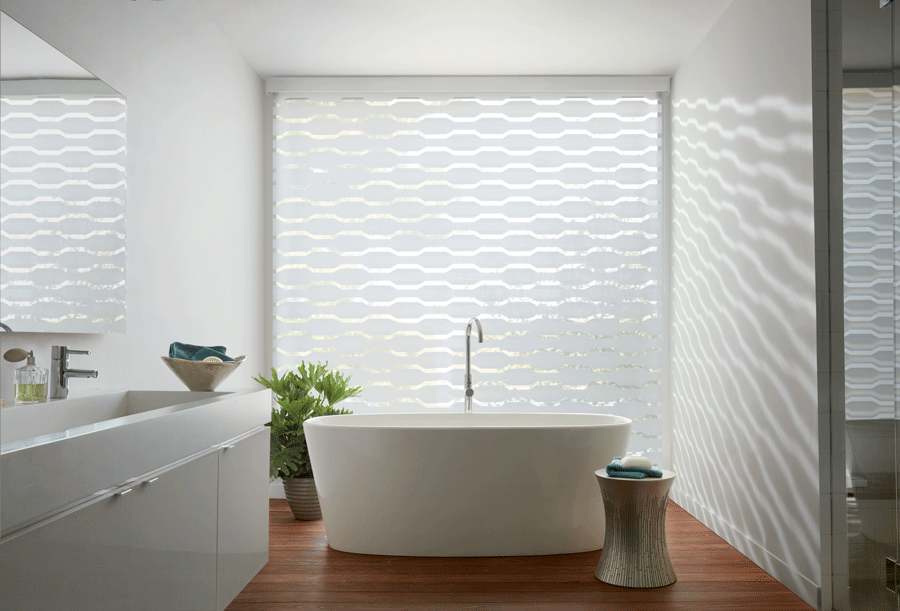 neutral bathroom designer banded shades feature wall