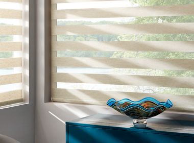 designer banded shades alternating layers of sheer fabric and solid stripes window shades for large windows Cleveland OH