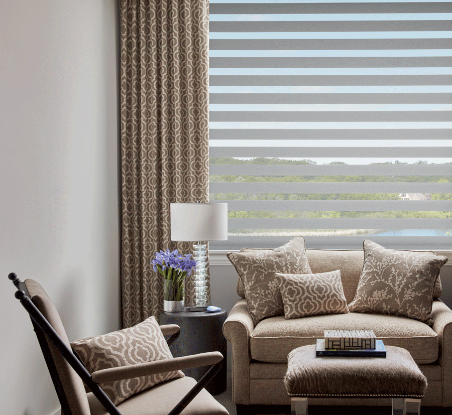 layer window treatments with base shade and drapery panels Chagrin Falls OH