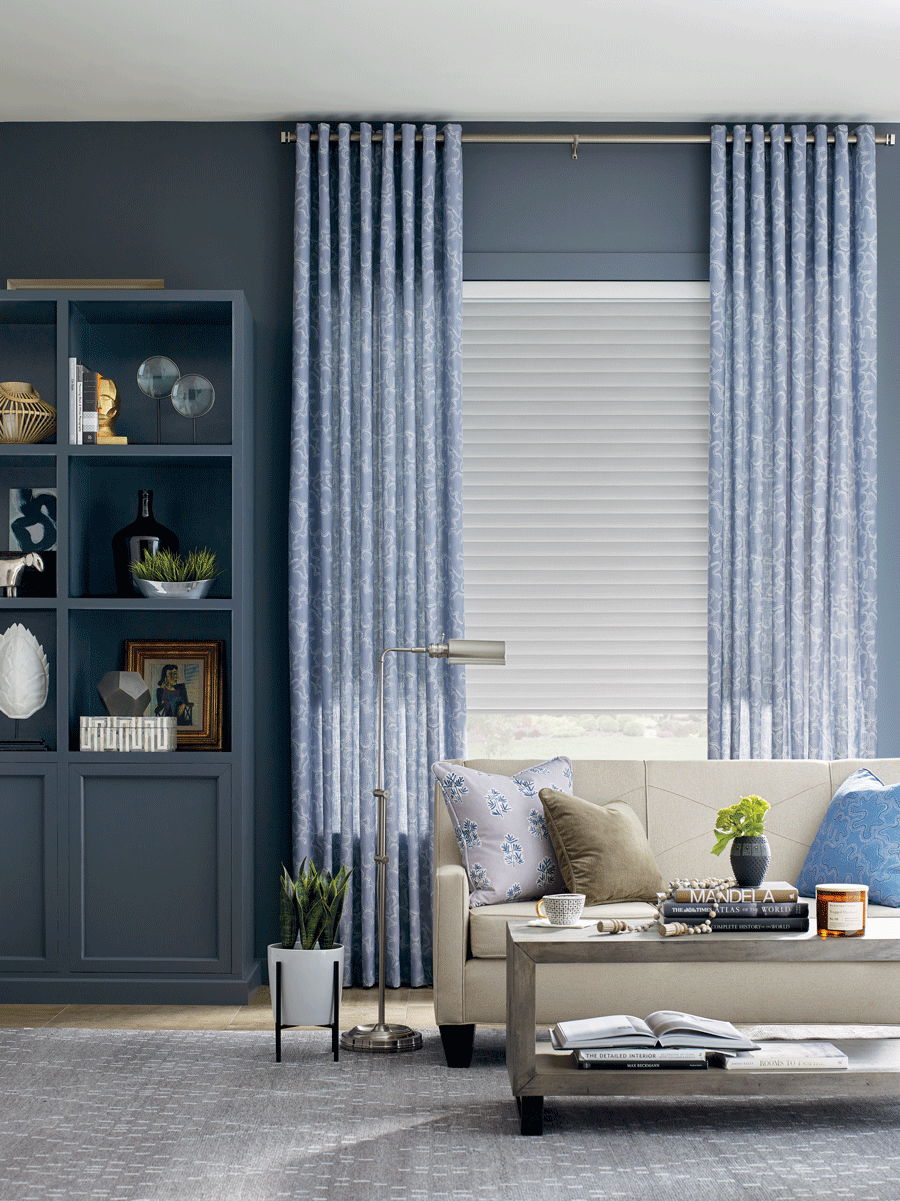 living room window layer window treatments blue draperies white shade Chagrin Falls OH