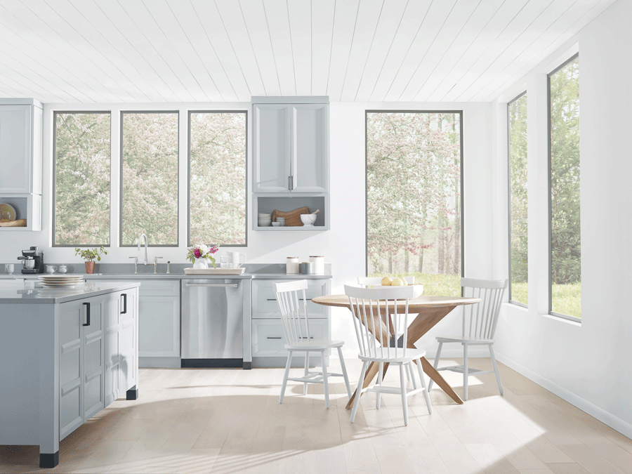 Kitchen with no shades suffers from too much natural light.