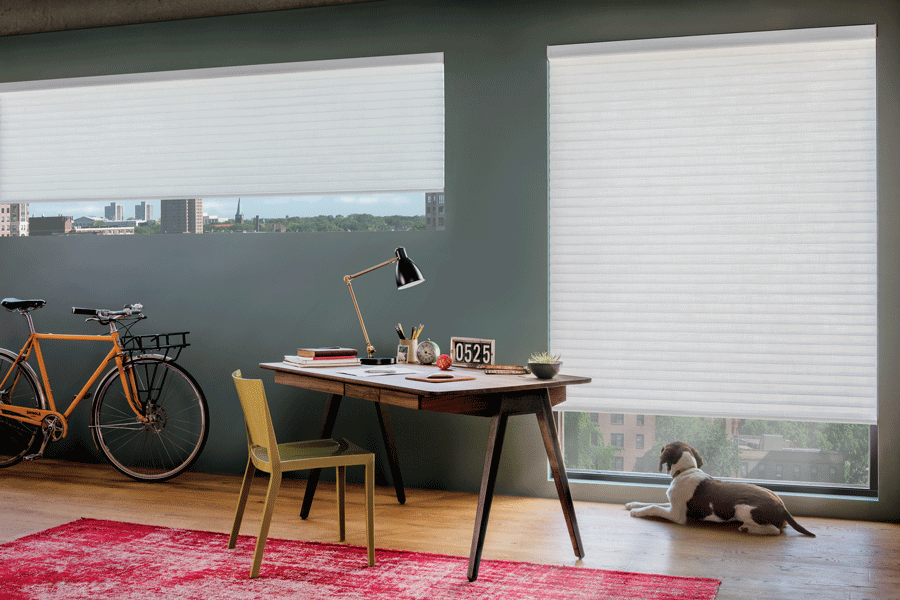 white cellular roller shades in home office in Chagrin Falls OH