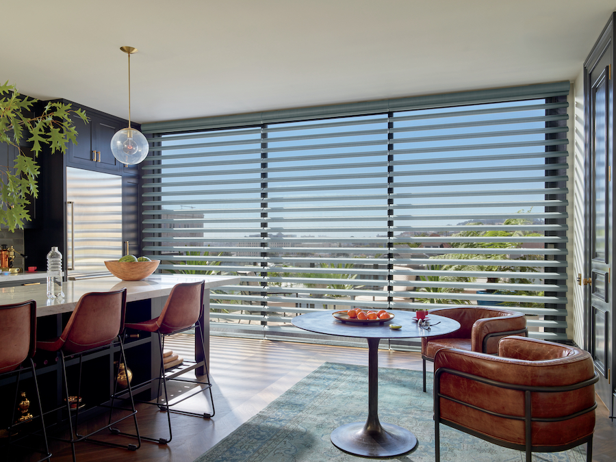 Cleveland, OH, home with sheer shades on floor to ceiling windows.
