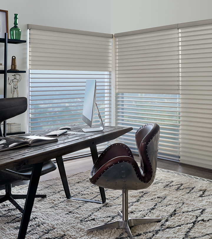 home office with large windows covered with dual shades: silhouette and blackout roller shade Rocky River OH