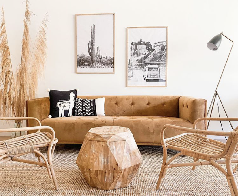 audriennebvathome living room with camel colored couch and decor
