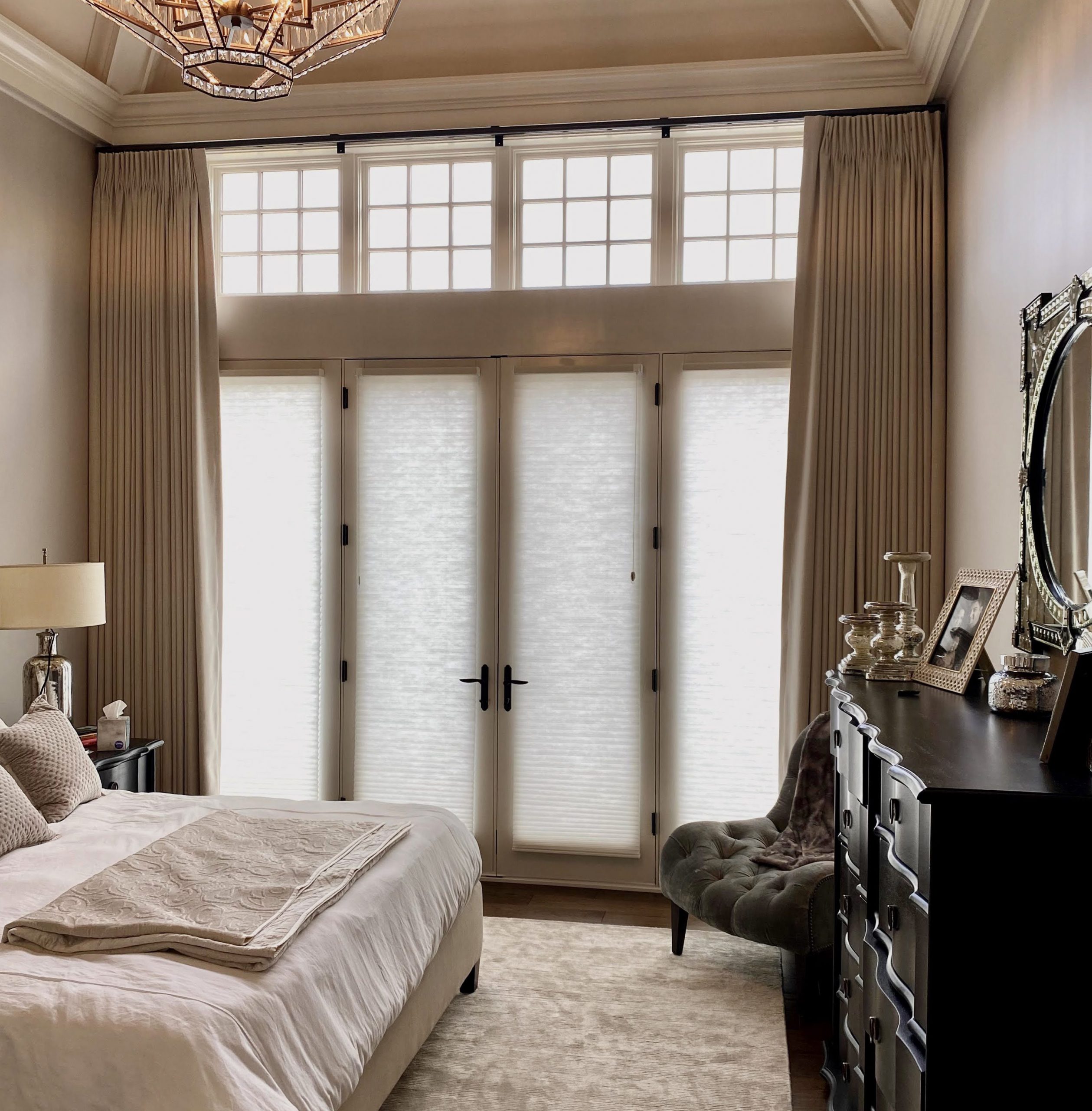 floor to ceiling windows and french doors with roller shades and draperies in Cleveland OH