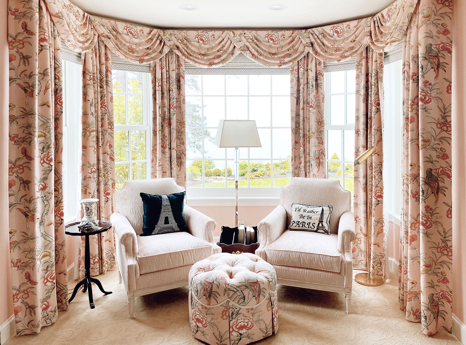 peach floral drapery in sitting room in Rocky River OH