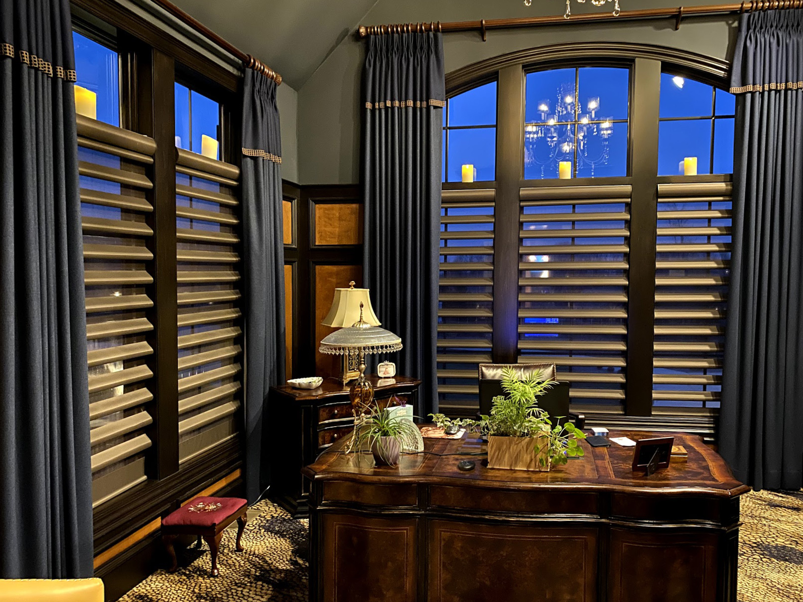 home office with dark pirouette window shades and blue draperies in Rocky River OH