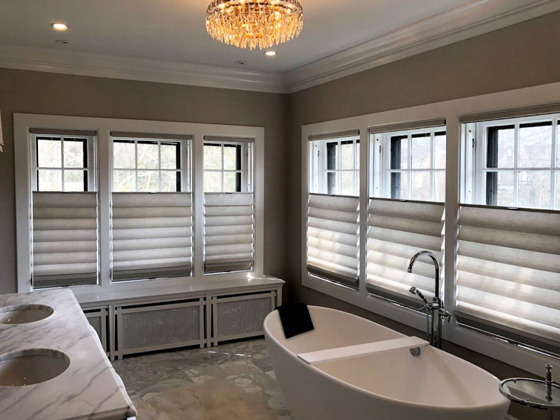 modern roman shades in master bathroom in Cleveland OH